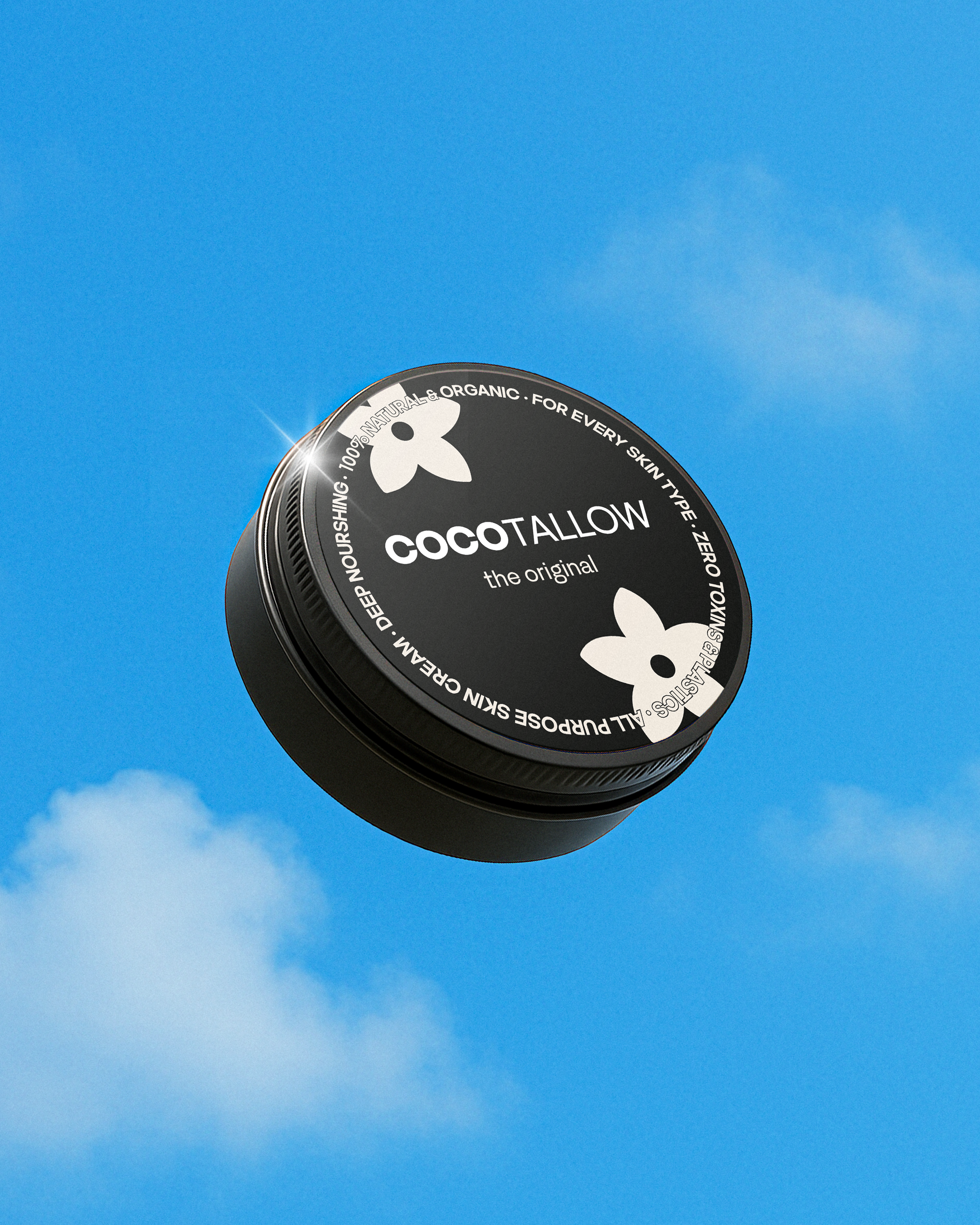 Cocotallow product container against a blue sky background