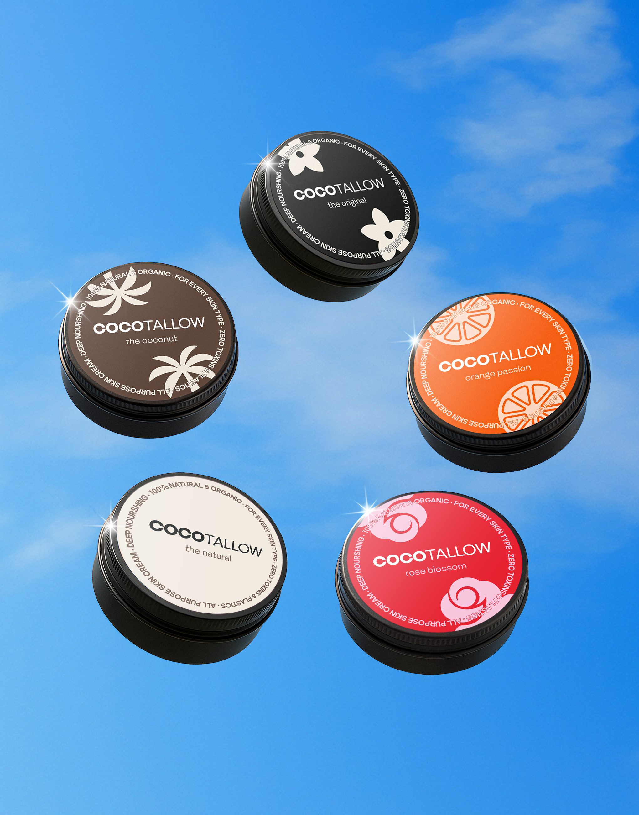 Five containers of COCOTALLOW on a blue sky background